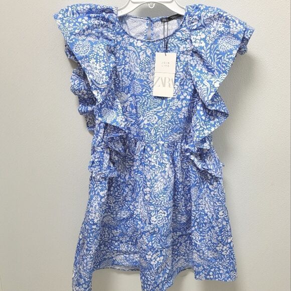 Zara Blue White Cotton Floral Raffles Dress tunic  Size Small NWT - Picture 1 of 7